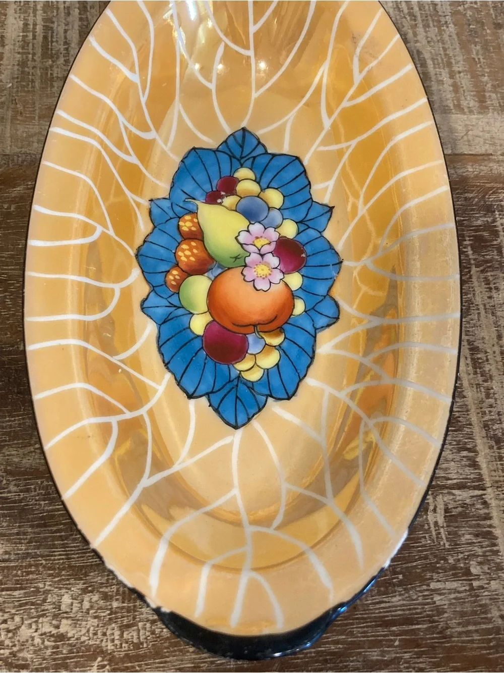 Vintage Noritake Peach Lusterware Oval Dish With Black Trim 8.5” Long